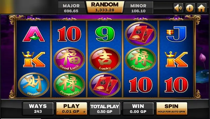 Gulungan 5 Koi Legends di Joker123 menampilkan simbol Prosperity, Good Luck, Lucky dan Wealth dengan latar biru