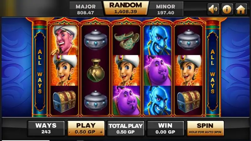 Aladdin reels on Joker123 with Aladdin, a merchant, blue and purple genies, pots and a treasure chest, labelled All Ways