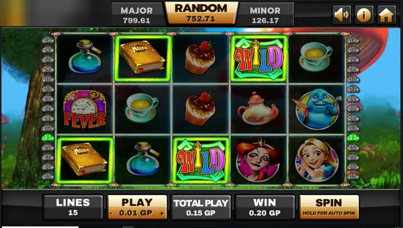Alice reels on Joker123 with a Fever clock symbol, two wilds, teacups, cupcakes and character portraits, 15 lines