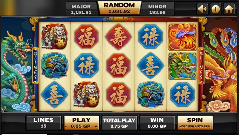 Slot Archer di Joker123 dengan gambar naga dan phoenix di samping gulungan berisi harimau, makhluk mitos dan huruf keberuntungan Tionghoa, 15 line