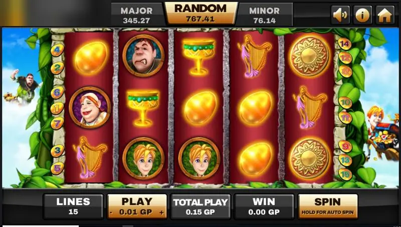 Gulungan Beanstalk di Joker123 berbingkai sulur hijau, dengan telur emas, piala, harpa, medali matahari dan potret tokoh