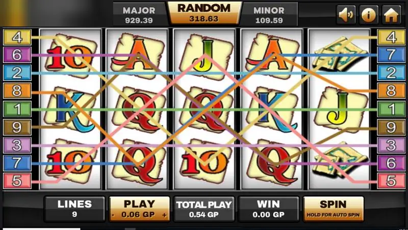 Gulungan Captain Treasure di Joker123 dengan simbol kartu di atas perkamen dan peta harta, 9 line berwarna tergambar di atasnya