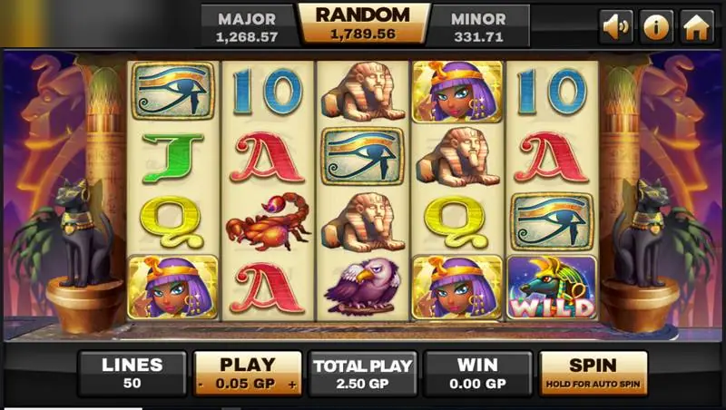 Gulungan Egypt Queen di Joker123 dengan potret ratu, sphinx, Mata Horus, kalajengking dan wild Anubis, 50 line