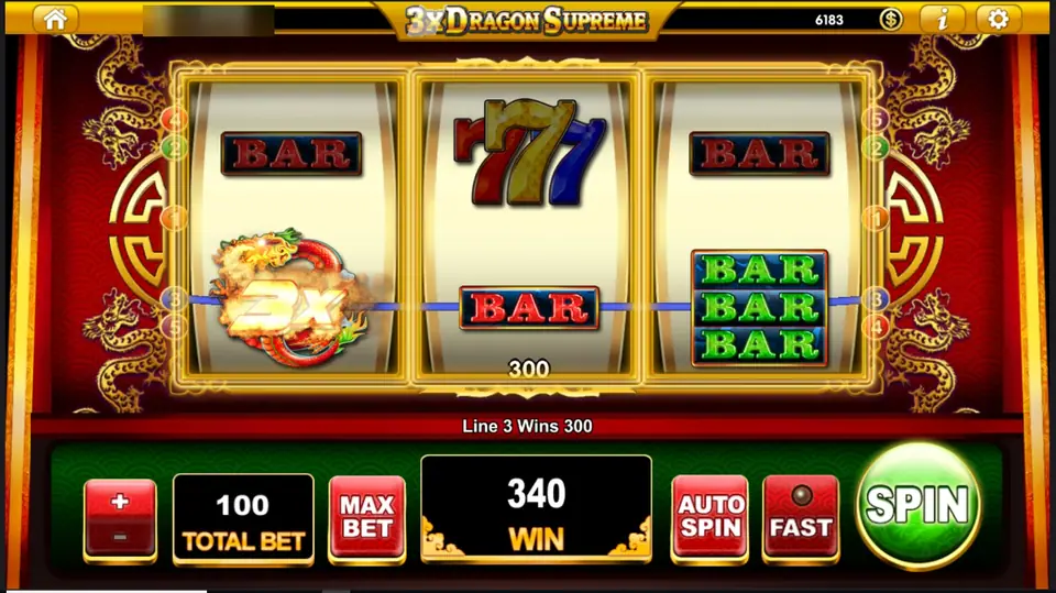 Line 3 win in 3x Dragon Supreme with the 3x dragon on the left reel and the win box showing 340