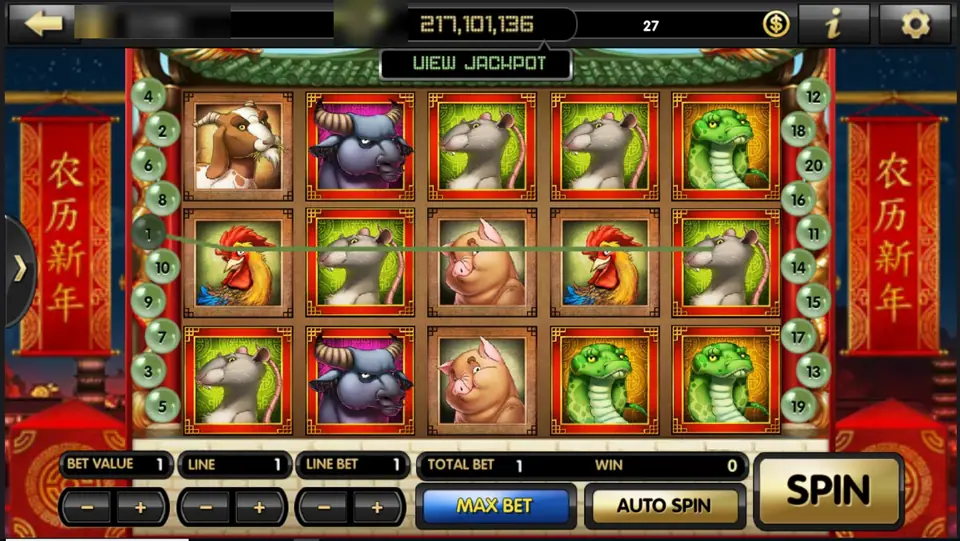 Slot Chinese New Year dengan simbol hewan shio di lima gulungan, 20 penanda line bernomor dan spanduk merah bertuliskan 农历新年