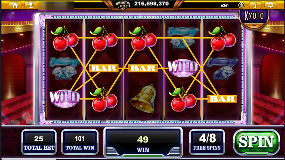 Putaran free spin Classic Diamond menampilkan 4/8 free spin, simbol WILD dan beberapa line menang di ceri dan BAR