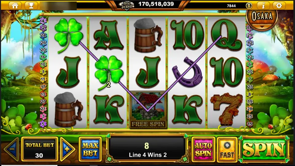 Gulungan Clovers Tales dengan simbol semanggi, tapal kuda dan gelas bir, simbol sumur harapan Free Spin dan pesan Line 4 Wins 2