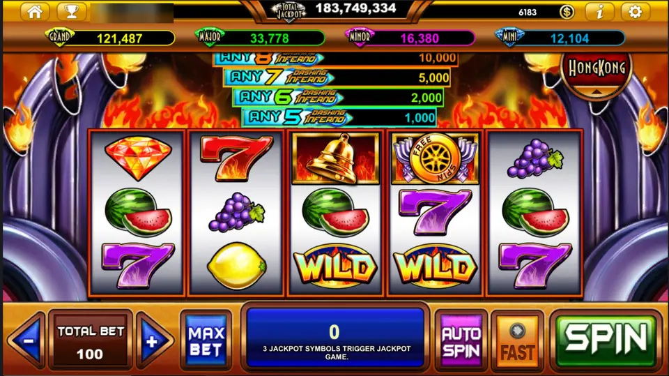 Gulungan Dashing Inferno pada total taruhan 100 dengan tangga dari Any 5 senilai 1.000 sampai Any 8 senilai 10.000