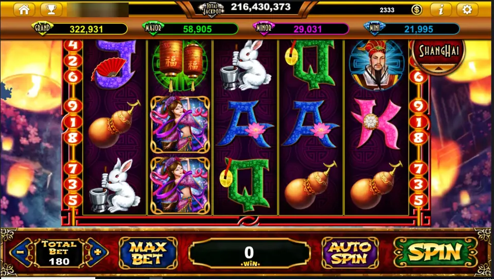 Gulungan Fairy Moon Goddess dengan simbol kelinci giok, dewi bulan, lampion merah dan labu di bawah kotak jackpot Grand, Major, Minor dan Mini