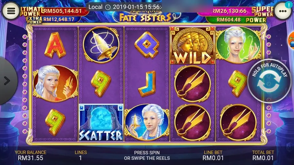 Reel Fate Sisters di aplikasi HP LPE88 dengan tiga saudari berambut putih, gelendong, gunting, wild emas tiga wajah, dan scatter biru, serta kotak jackpot di atas