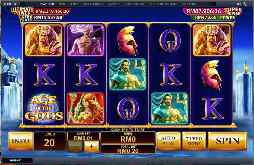 Age of the Gods reels on LPE88 with Hercules, Hades, Poseidon and Athena symbols, four RM jackpot boxes on top and a bet bar showing 20 lines at RM0.01