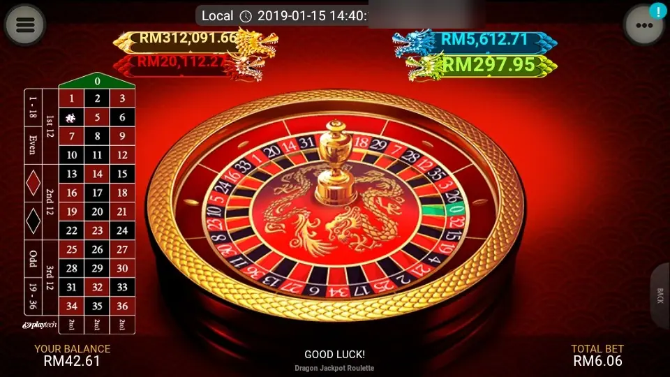 Roda Dragon Jackpot Roulette di LPE88 dengan naga emas di tengah, empat penghitung jackpot naga dalam RM di atasnya dan grid taruhan mini di kiri