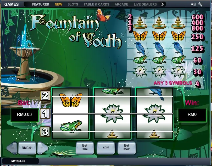 Fountain of Youth di LPE88: tiga gulungan berisi kupu-kupu, katak dan bunga lili air, paytable di kanan dan tombol Bet One, Spin serta Bet Max di bawah