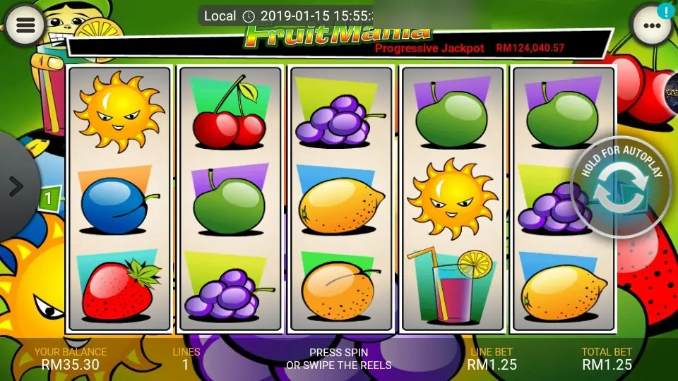 Gulungan Fruit Mania di LPE88 dengan matahari menyeringai, ceri, anggur, lemon dan segelas jus, plus bar Progressive Jackpot bertuliskan RM124,040.57
