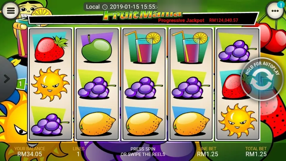 Fruit Mania di aplikasi LPE88 dengan gelas jus di gulungan 3 dan 4 serta anggur di sepanjang baris tengah