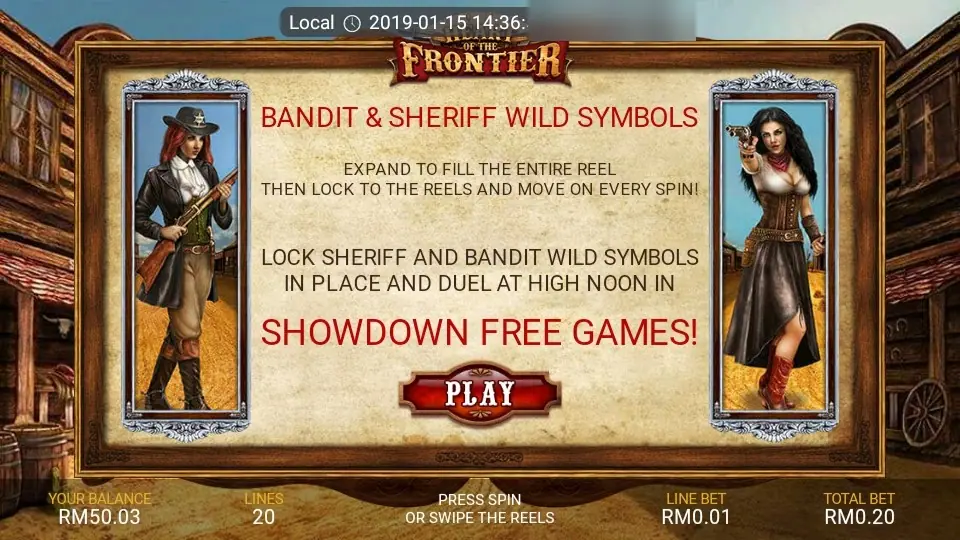 Layar pembuka Heart of the Frontier di LPE88 yang menjelaskan simbol wild Bandit dan Sheriff serta Showdown Free Games