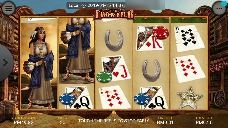 Gulungan Heart of the Frontier di LPE88 dengan wanita suku asli Amerika bertumpuk di gulungan 1 dan 2, tapal kuda, kartu remi dengan chip poker dan lencana sheriff