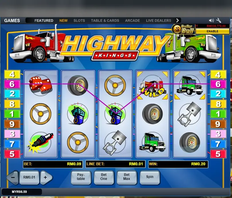 Highway Kings di LPE88 dengan WILD truk merah di gulungan 4, truk hijau, dadu, ban dan pompa bensin, serta penanda 9 line di kedua sisi