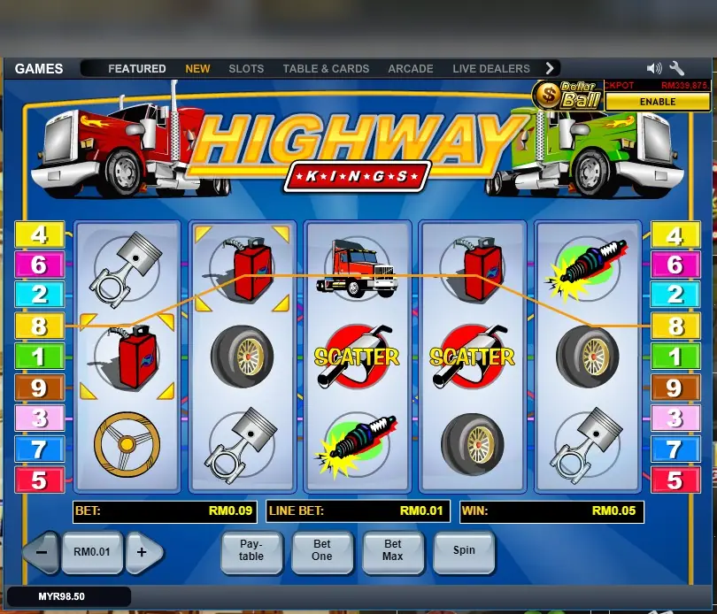 Highway Kings di LPE88 dengan dua simbol SCATTER di gulungan 3 dan 4 serta kemenangan di line 8 senilai RM0.05