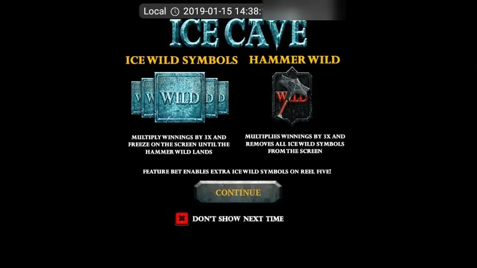 Layar pembuka Ice Cave di LPE88 yang menjelaskan Ice Wild Symbols, Hammer Wild dan Feature Bet