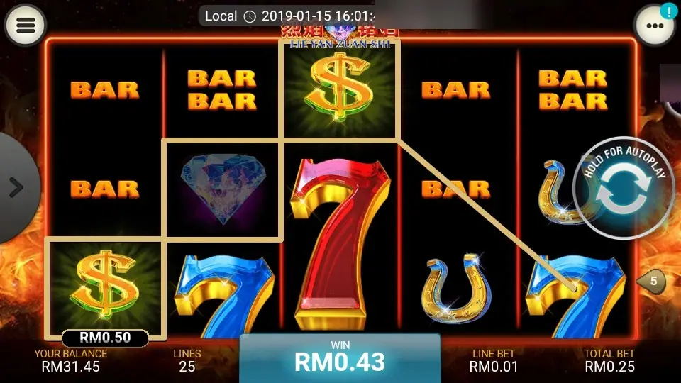 Lie Yan Zuan Shi di LPE88 dengan line menang yang menghubungkan tanda dolar, berlian dan tujuh biru, tujuh merah tinggi di gulungan 3 dan simbol BAR