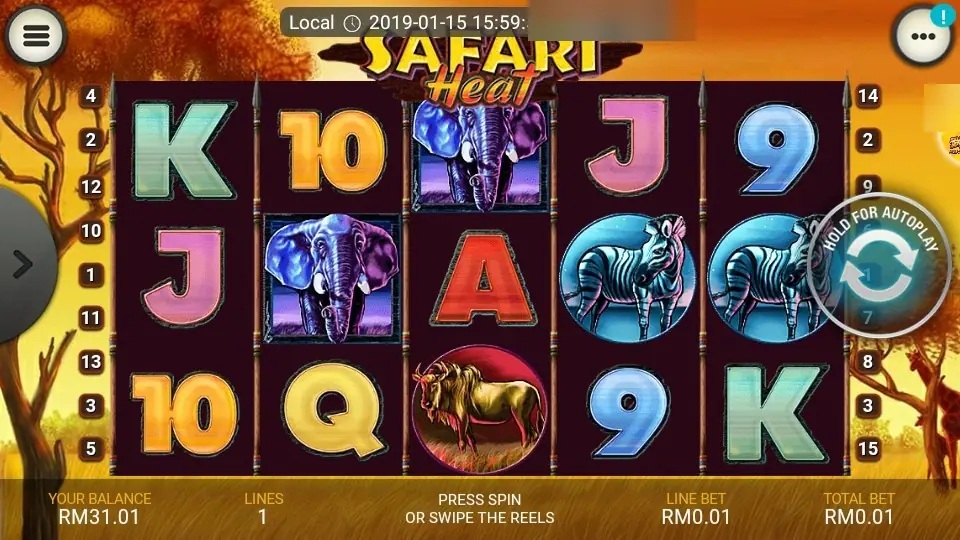Safari Heat reels on LPE88 with two elephants, two zebras and a wildebeest among card symbols, and line markers 1 to 15 along both sides