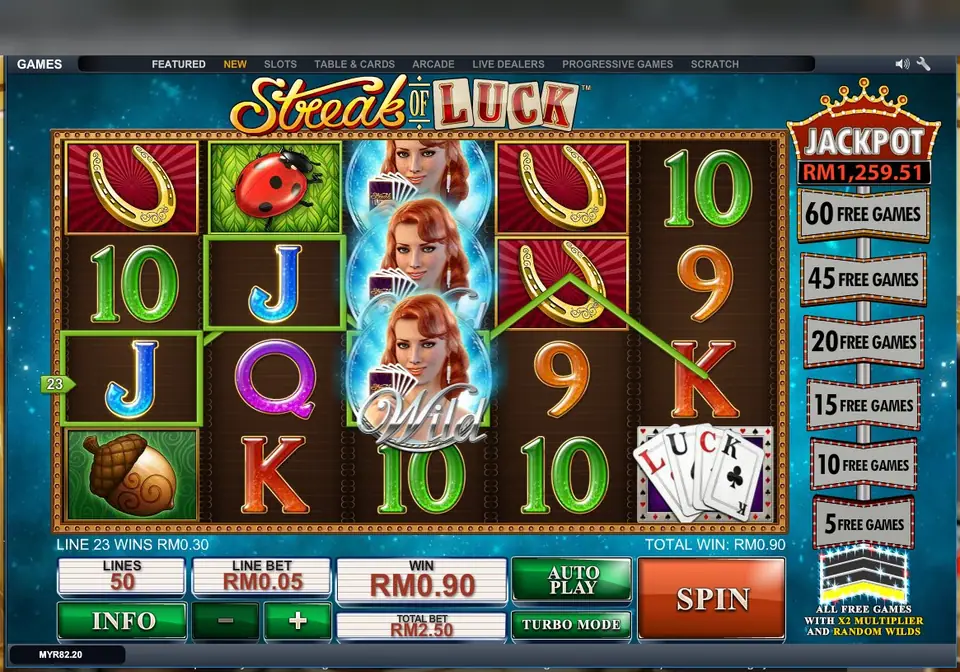 Streak of Luck on LPE88 with a stacked red-haired lady wild on reel 3, horseshoes, a ladybird and an acorn, and the free games ladder on the right