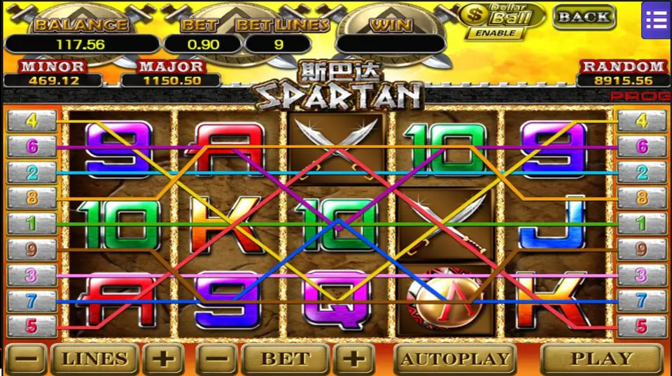 Slot Spartan di Mega888 dengan 9 payline berwarna tergambar di gulungan, kotak saldo, taruhan dan jackpot di bagian atas