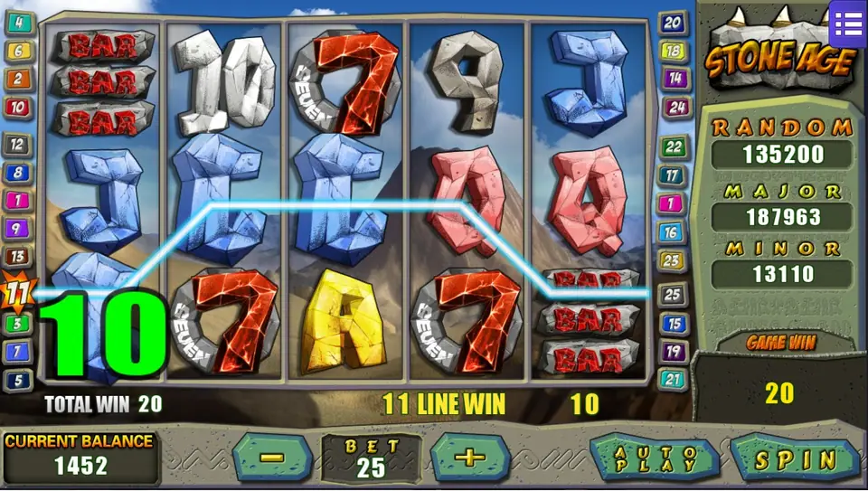 Stone Age di Mega888 dengan garis kemenangan line 11 melintasi simbol J biru, total menang 20, dan penghitung jackpot di panel kanan