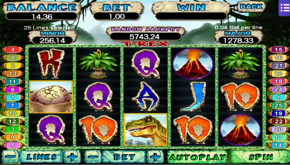 Slot T-Rex di Mega888 dengan kepala T-Rex, sarang telur, gunung berapi, dan pakis, 25 line terpilih dengan 0.04 per line