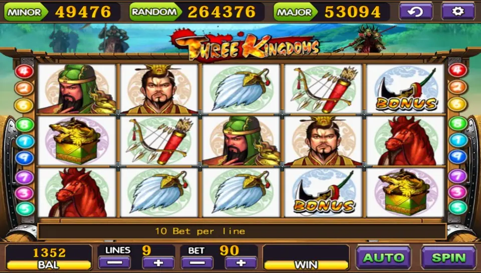 Three Kingdoms di Mega888 dengan para jenderal, kuda merah, kipas bulu, dan dua simbol Bonus, 9 line dengan 10 per line, total taruhan 90