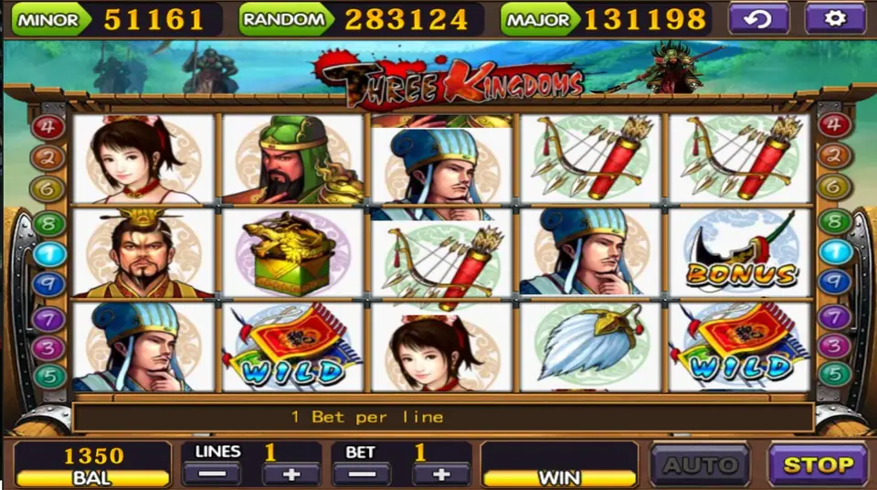 Gulungan Three Kingdoms di 1 line dengan dua wild panji, bilah Bonus di gulungan 5, dan stempel naga emas