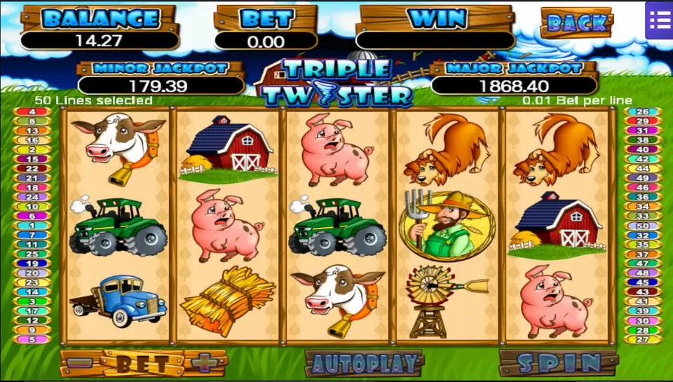 Triple Twister di Mega888 dengan sapi, lumbung merah, babi, traktor, petani, dan kincir angin di gulungan bertema peternakan