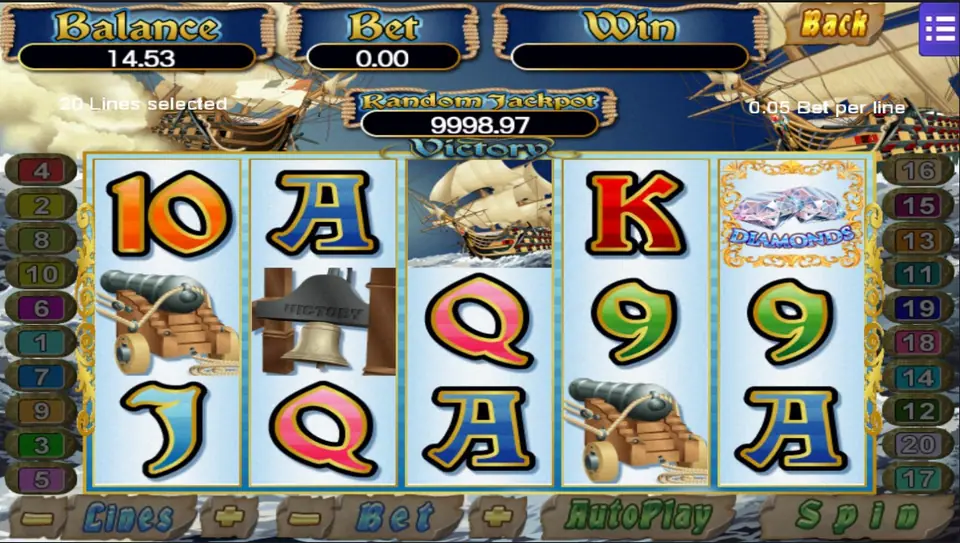 Slot Victory di Mega888 dengan meriam, lonceng kapal, kapal perang layar, dan simbol Diamonds, 20 line dengan 0.05 per line
