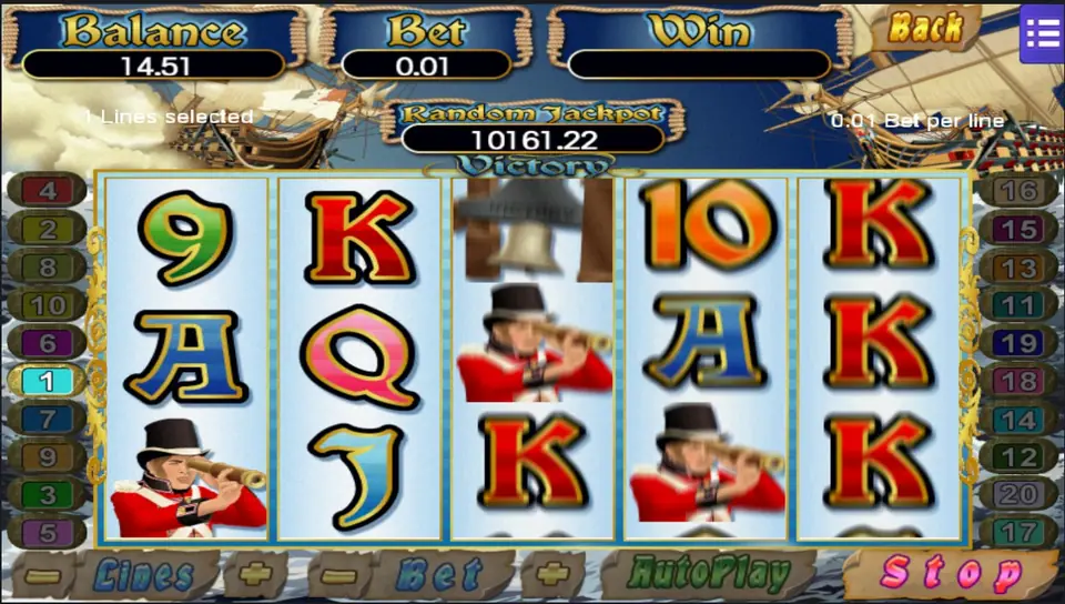 Gulungan Victory dengan marinir berseragam merah di gulungan 1, 3, dan 4 serta lonceng kapal di gulungan 3 pada 1 line