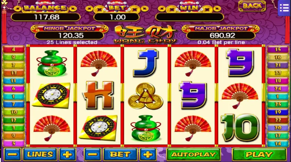 Wang Choy di Mega888 dengan kipas lipat merah, labu giok, kompas feng shui, dan koin terikat, 25 line dengan 0.04 per line
