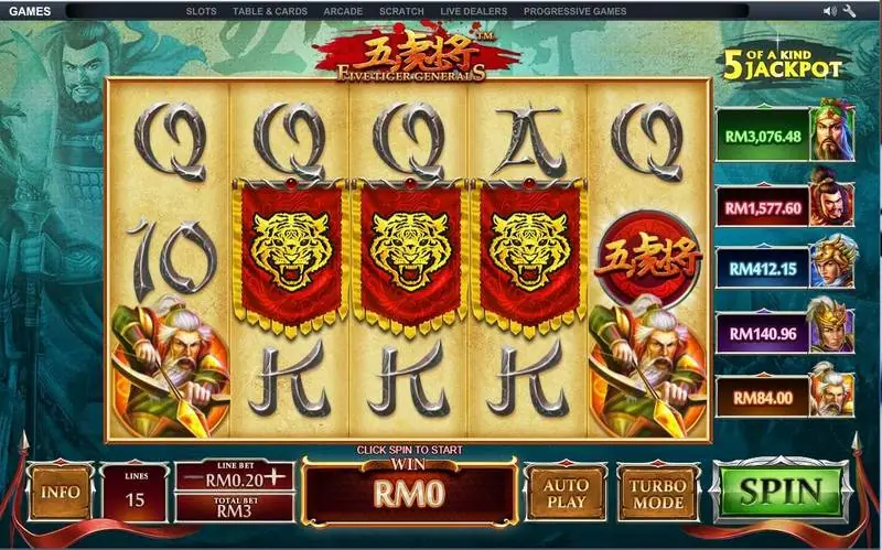 Gulungan 5 Tiger General dengan tiga panji harimau merah di tengah, tangga jackpot RM lima baris di kanan, dan panel taruhan di bawah