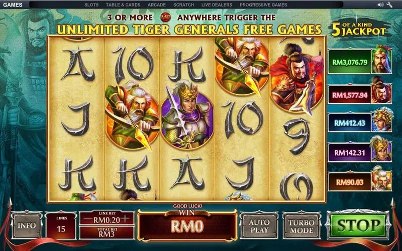 Five Tiger Generals saat berputar dengan spanduk Unlimited Tiger Generals Free Games di atas
