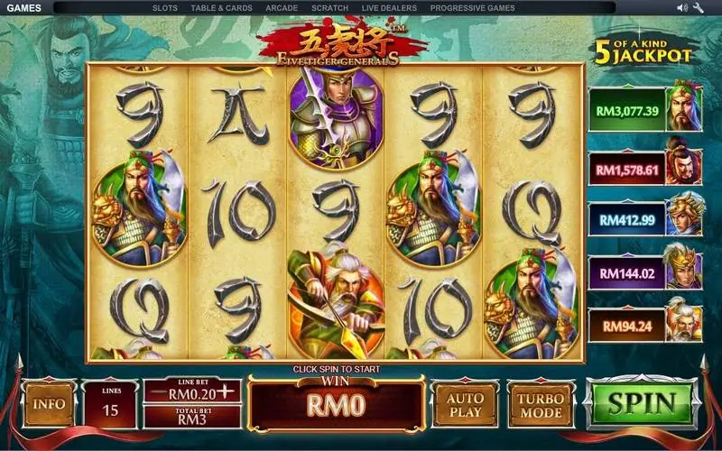 Gulungan Five Tiger Generals penuh potret jenderal dengan angka jackpot sedikit lebih tinggi dari sebelumnya