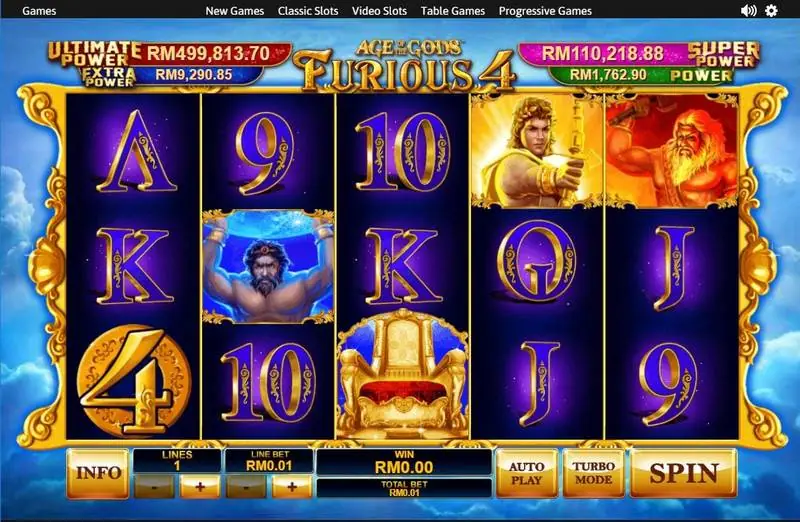 Gulungan Furious 4 dengan koin emas angka 4, simbol takhta, pahlawan pemanah dan pahlawan berjanggut merah, empat kotak jackpot di atas