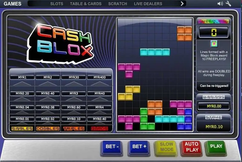 Layar Cash Blox dengan logo, paytable empat kolom dalam MYR, grid balok jatuh, dan panel freeplay di kanan