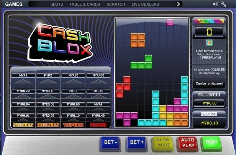 Cash Blox di taruhan MYR0.10 dengan balok yang sedang mendarat dan penghitung freeplay di 0