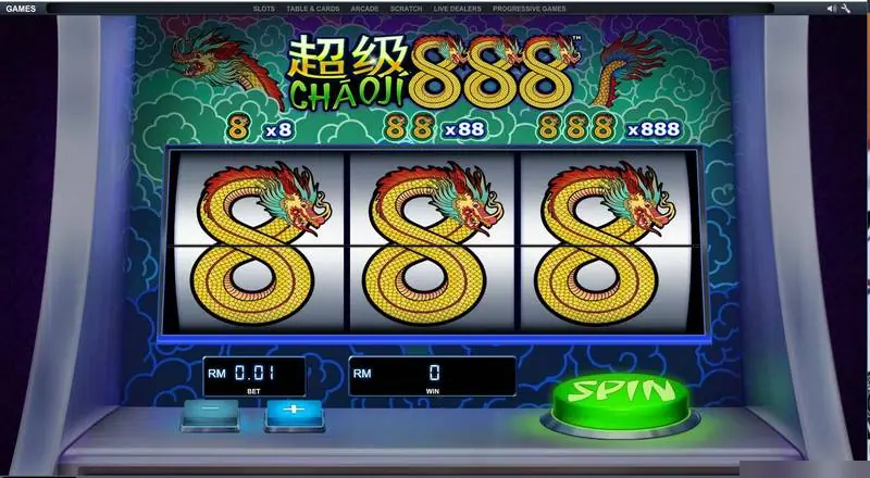 Posisi awal Chao Ji 888 dengan tiga naga 8 utuh berjajar dan taruhan RM0.01