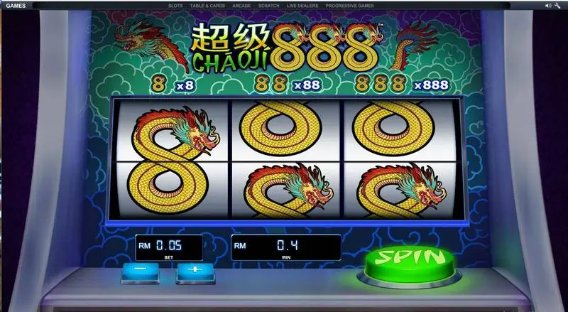 Tiga gulungan Chao Ji 888 dengan simbol naga 8, taruhan RM0.05 dan kemenangan RM0.4 di layar bawah