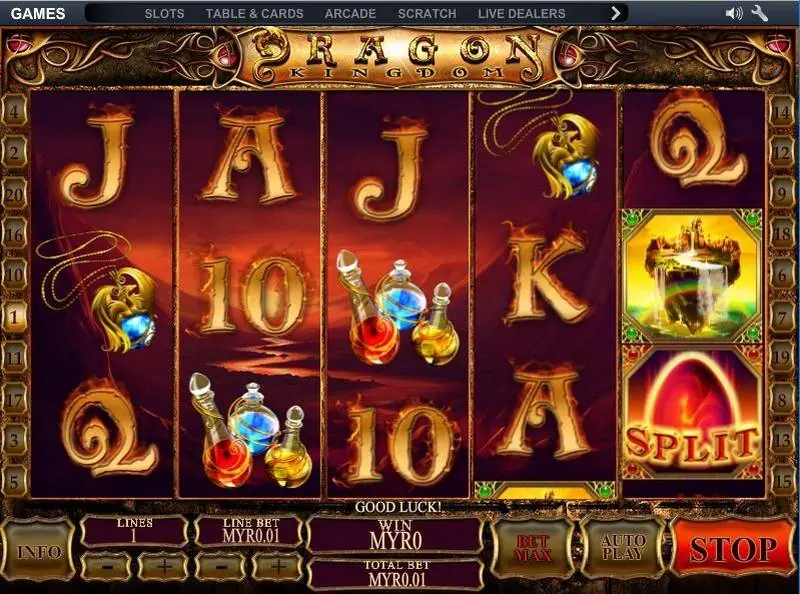 Dragon Kingdom dengan kastil melayang dan telur SPLIT bertumpuk di gulungan 5, satu line aktif