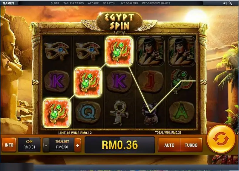 Egypt Spin reels with three glowing green scarab symbols on a zigzag line, line 45 wins RM0.12 and total win RM0.36