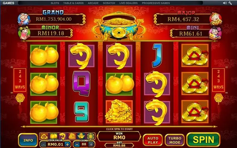 Gulungan Ri Ri Sheng Cai di 88 koin dengan koi emas, jeruk emas dan simbol koin emas, empat kotak jackpot dan guci harta di atas