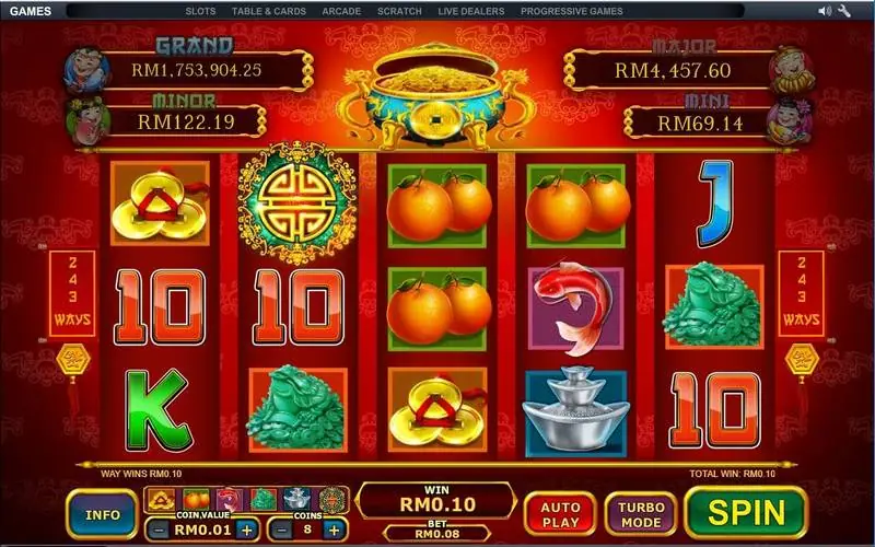 Ri Ri Sheng Cai di 8 koin dengan katak giok, batangan perak, dan kemenangan ways RM0.10
