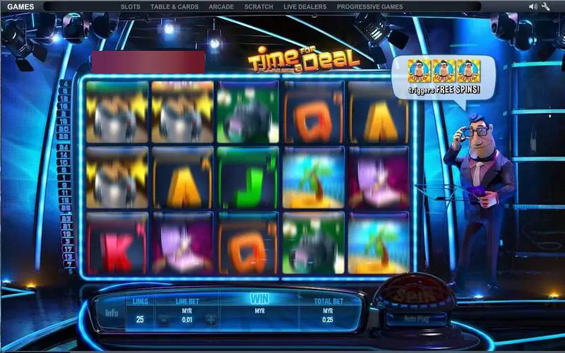 Time For A Deal saat berputar dengan balon kata pembawa acara menjelaskan tiga simbol free spin memicu free spin