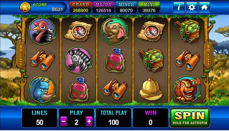 Gulungan African Wildlife dengan simbol burung unta, gajah, zebra, badak dan singa, 50 line pada play 2